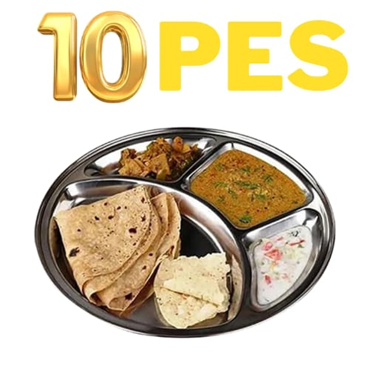 Stainless Steel 4 Chamber Lunch & Dinner Plate ( 10 Pcs )