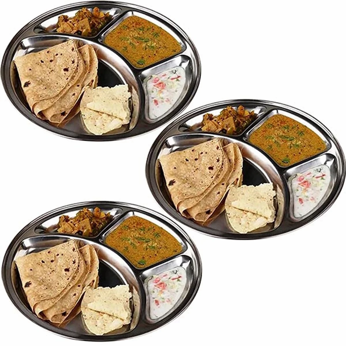 Stainless Steel 4 Chamber Lunch & Dinner Plate ( 3 Pcs )